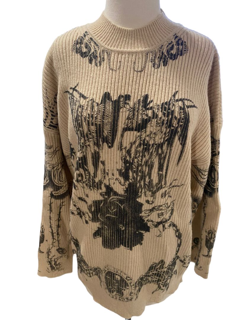 Large Cider Tan Graphic Print Sweater Funnel Neck Ribbed