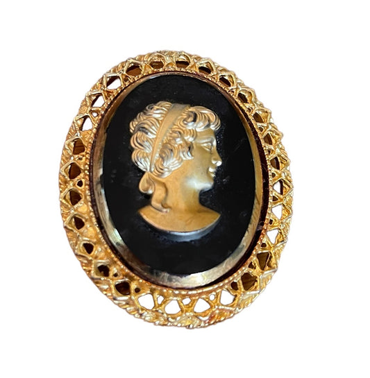 Oval Goldtone Black Cameo Brooch or Necklace Pendant 2"