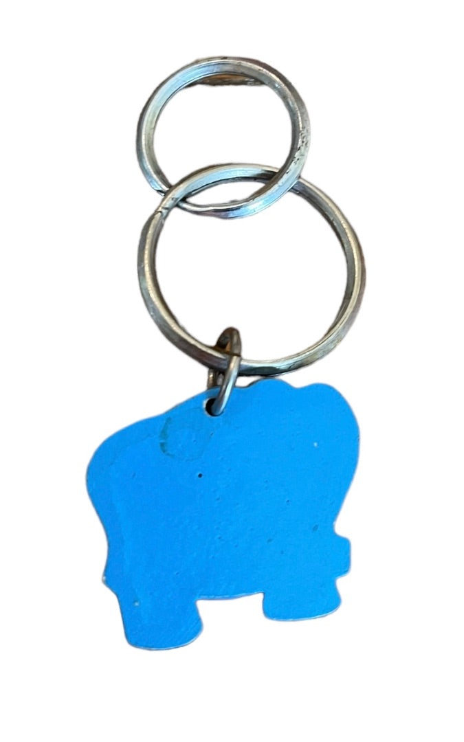 Vintage Blue Elephant Keychain Key Ring Wooden Painted 1.5"