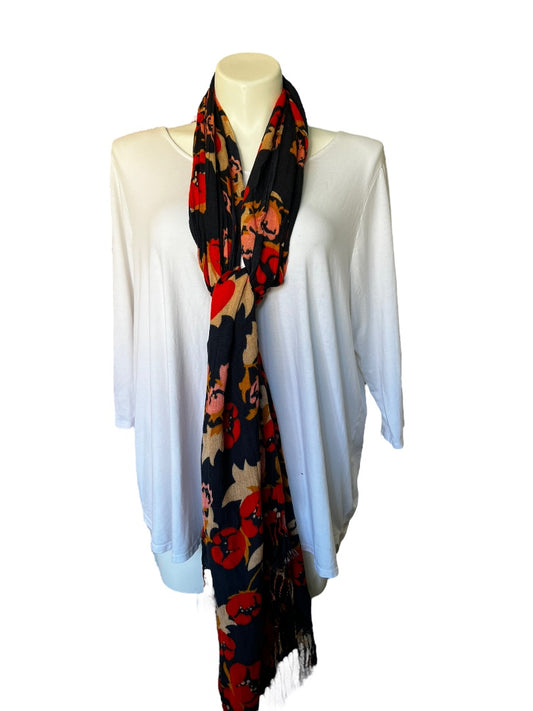 Spartina Navy Pink Orange Floral Scarf Long Fringed 25" x 80"