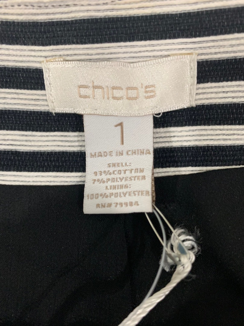 Medium (8/10) Chico's New Black White Stripe "Sarah" Jacket Travel Collection