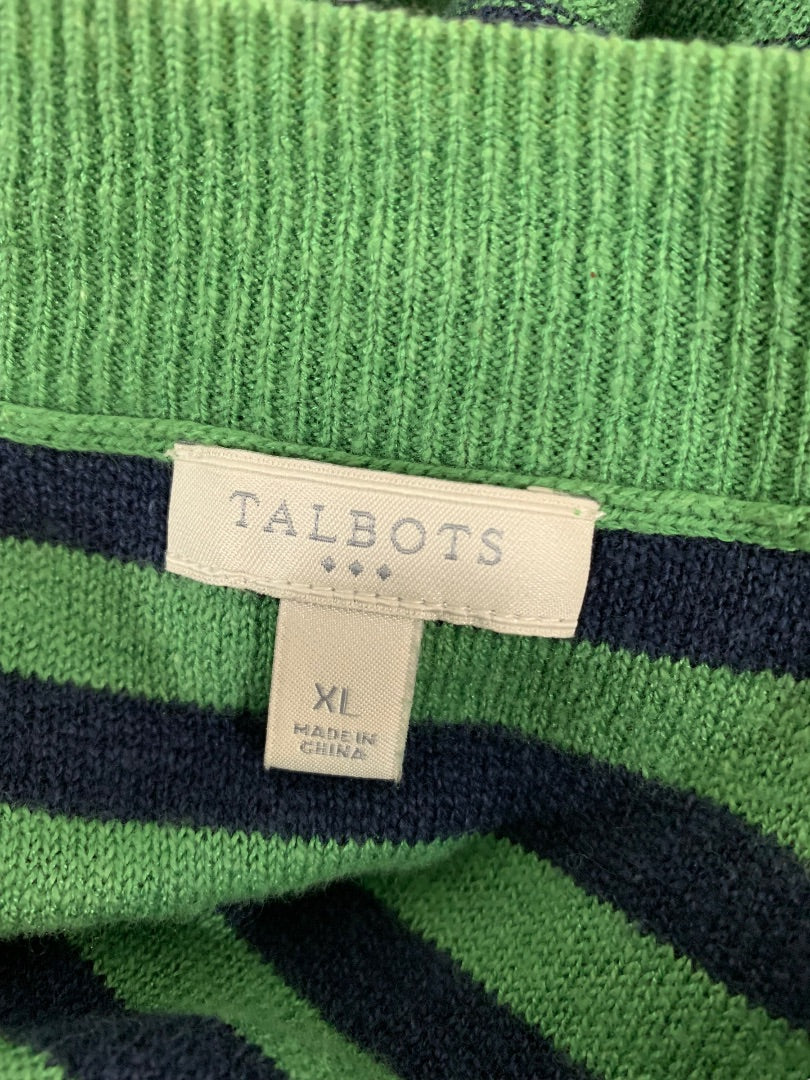 Medium Talbots Women's Green Blue Striped Short Sleeve Pullover Sweater Oversize Linen Blend