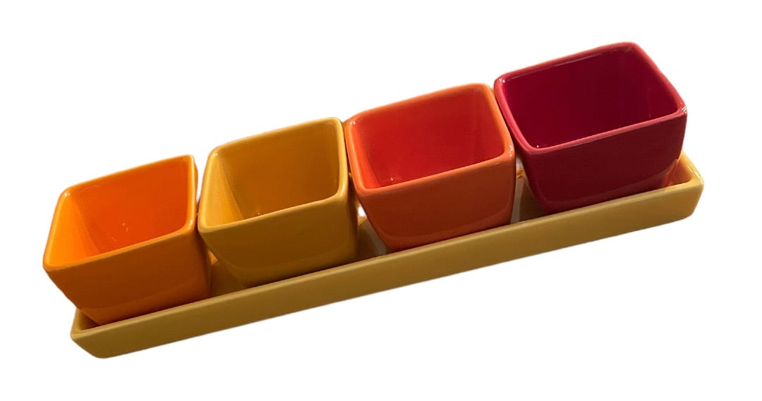 Crate & Barrel 5 Piece Condiment Tray Serving Set  Yellow Red Orange