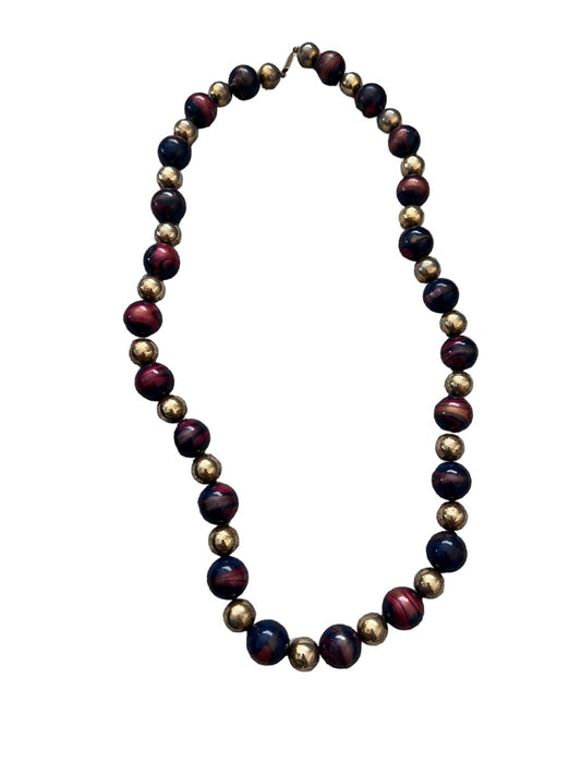 Enamel Marbled Beaded Necklace Gold Tone Navy Blue Garnet 27"