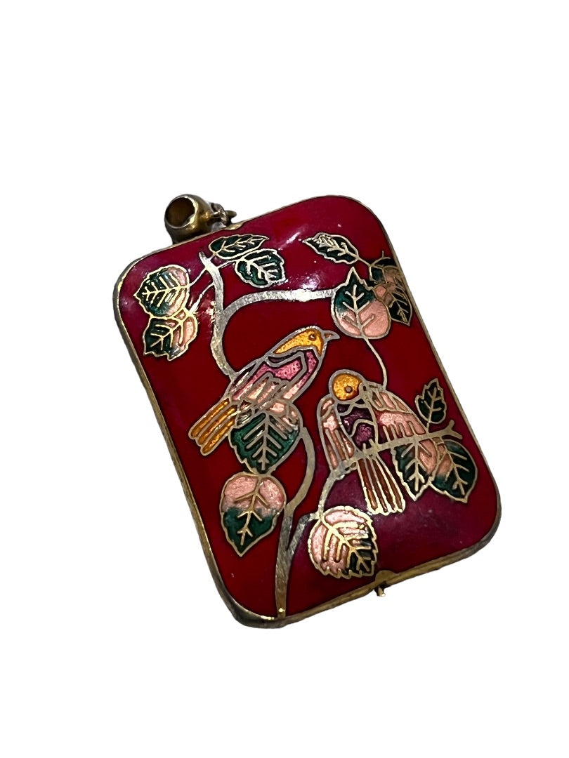 Cloisonné Rectangle Pendant Charm Red Birds Floral 3D