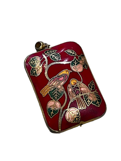 Cloisonné Rectangle Pendant Charm Red Birds Floral 3D
