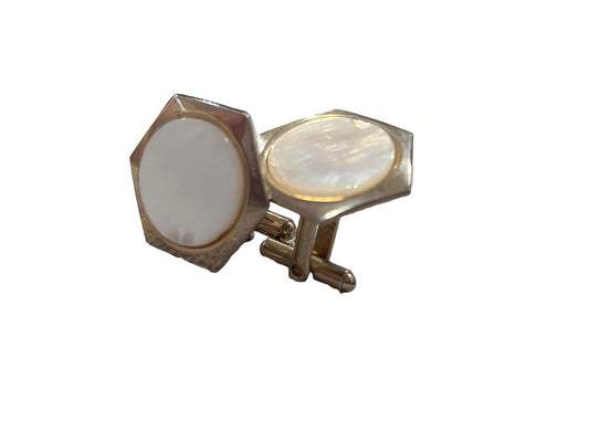 Mother Of Pearl Hexagon Gold Tone Cufflinks Vintage 15/16" across