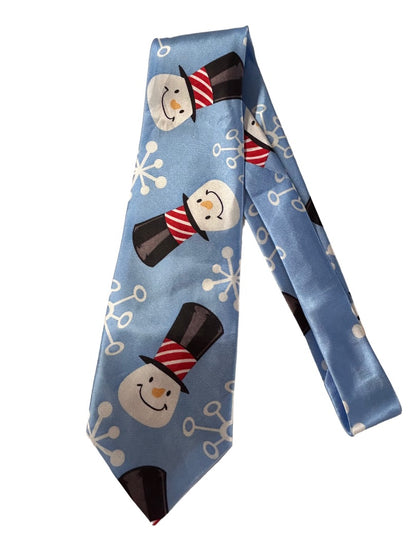 Four Star Men's Necktie Tie Powder Blue Snowman 52 Inch Length Polyester Novelty