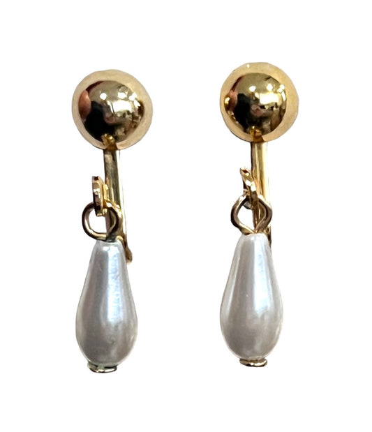 Faux Pearl Gold Tone Dangle Earrings Clip On Tear Drop