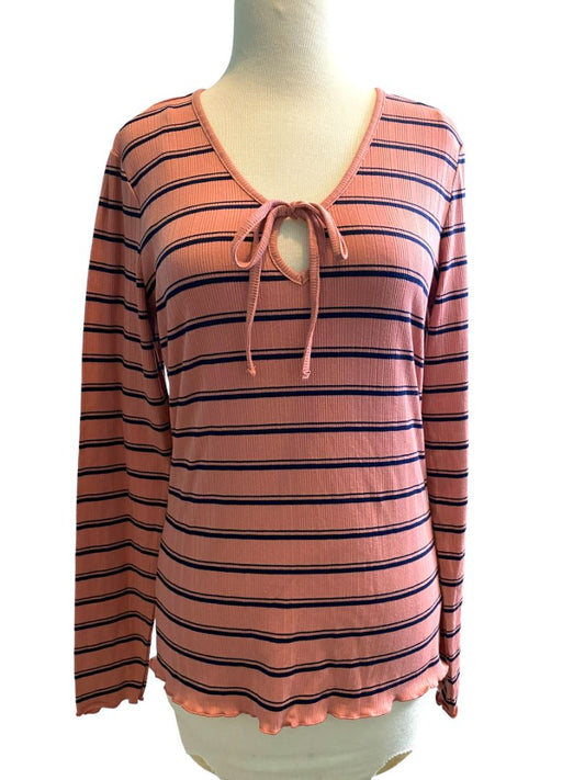 NWT Jessica Simpson Esme Ribbed Long Sleeve Striped Blouse Blue and Tawny Orange Medium