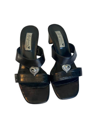 7 M Brighton Trista Shoes Slip-on Block Heels Sandals Black Leather Open Toe