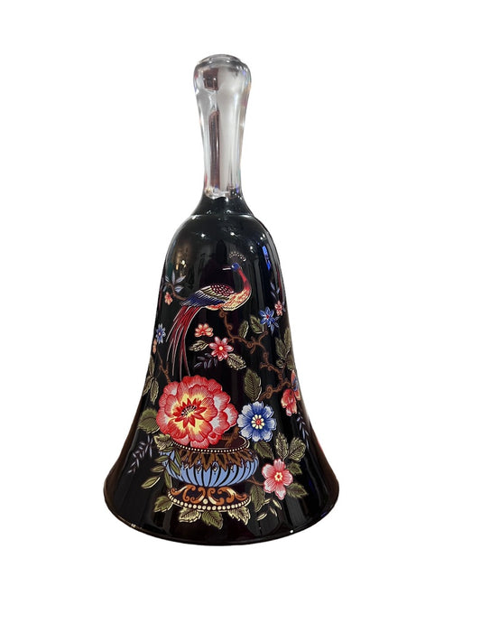 Black Glass Bell Italy Italian Peacock Flower Printed