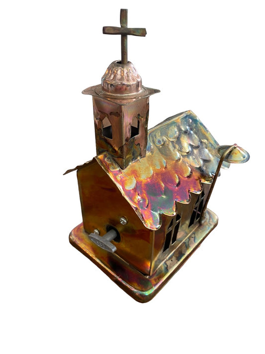 Vintage Copper Color Tin Wind Up Church Music Box Plays Amazing Grace