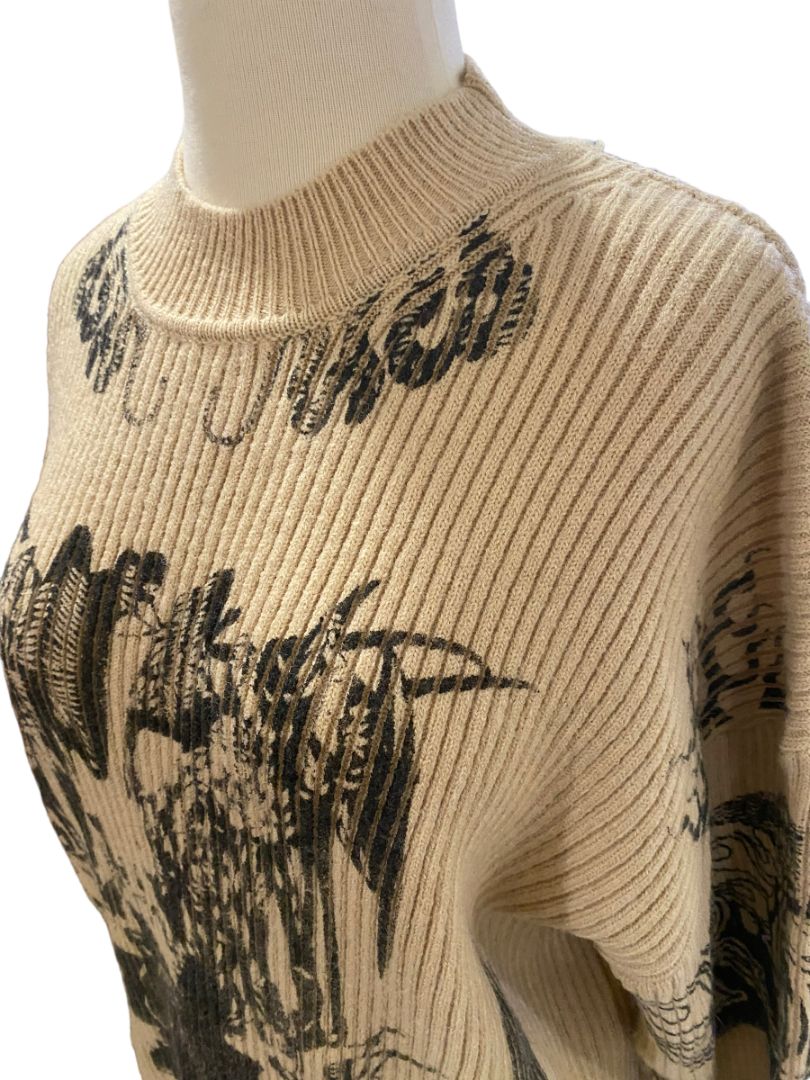 Large Cider Tan Graphic Print Sweater Funnel Neck Ribbed