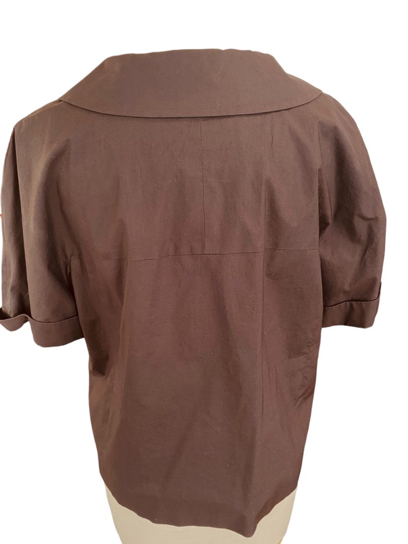 Large Peserico Brown Button Blouse Short Sleeve Peter Pan Collar Lined (Italy 48)