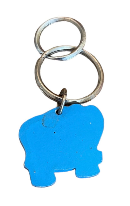 Vintage Blue Elephant Keychain Key Ring Wooden Painted 1.5"