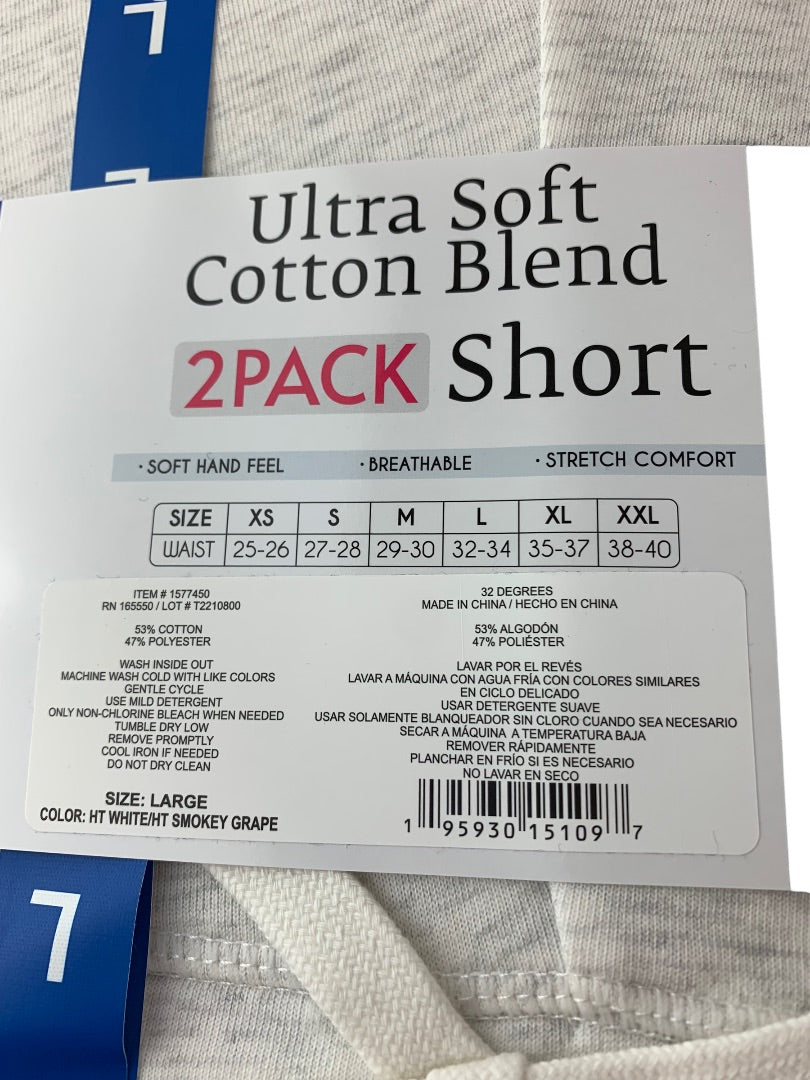 Large 32 Degrees Women's 2 Pack Ultra Soft Cotton Shorts Heather White Smokey Grape