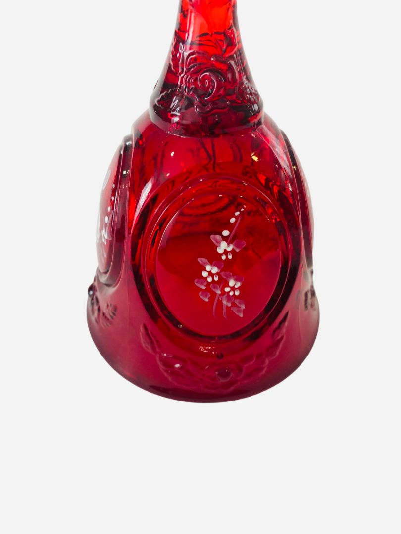 Ruby Red Fenton Glass Bell Handpainted Floral Signed D. Bruun