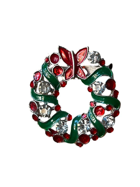 Enamel Rhinestone Wreath Brooch Christmas Holiday Silvertone