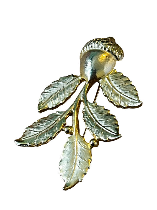 Gold Tone Fall Acorn Oak Leaf Brooch Vintage 3.25" by 1.75"