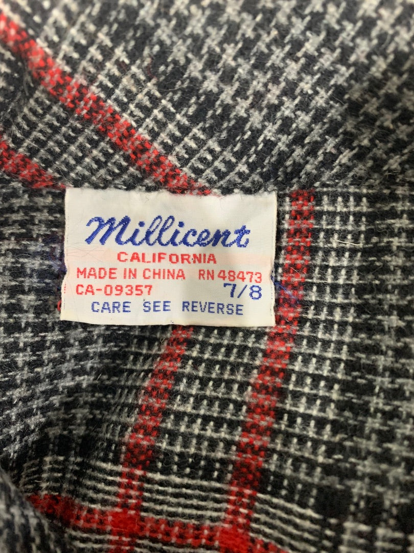 7/8 Millicent California Vintage 1970s Plaid Wool Blend Dress Collared Black Red