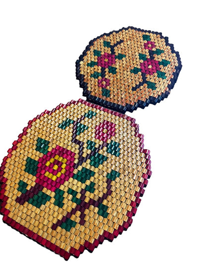 Vintage Wood Bead Boho Trivets Flowers Folk Art Hot Pad