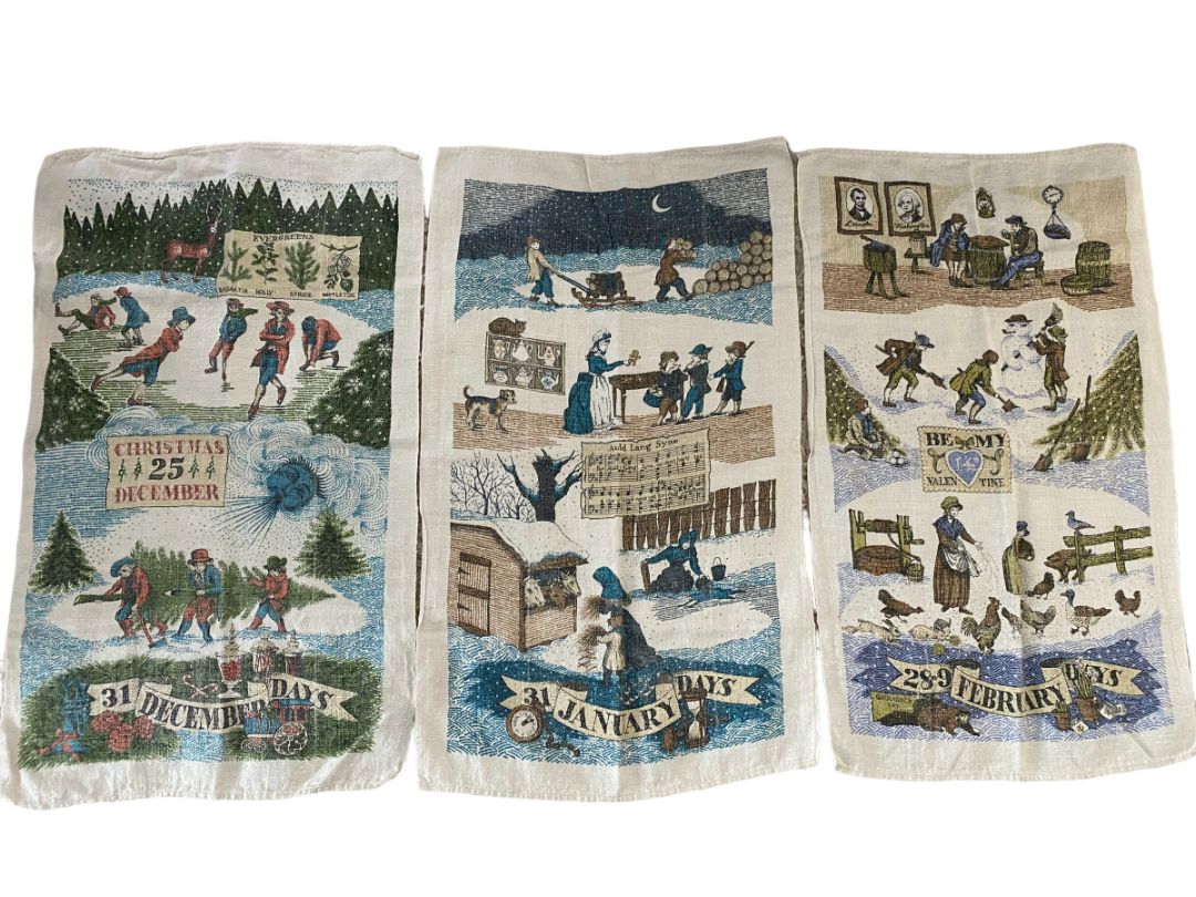 Lois Lang Signed Winter Month Tea Towels Signed Vintage December January February Folk Art Set of 3 28" x 17"