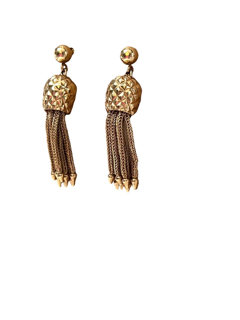 Vintage 14K Gold Tassel Dangle Earrings Pineapple Pattern 12 gram Weight