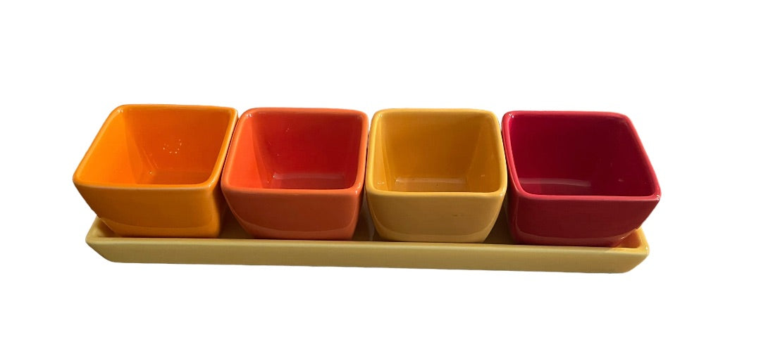 Crate & Barrel 5 Piece Condiment Tray Serving Set  Yellow Red Orange