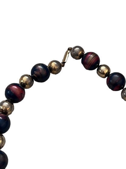 Enamel Marbled Beaded Necklace Gold Tone Navy Blue Garnet 27"