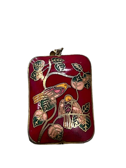 Cloisonné Rectangle Pendant Charm Red Birds Floral 3D