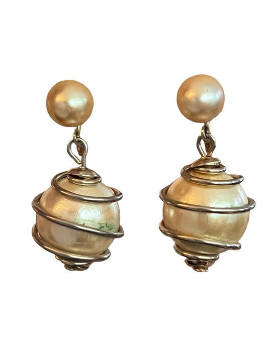 Faux Pearl Dangle Earrings Vintage Metal Coiled 1.5" Drop