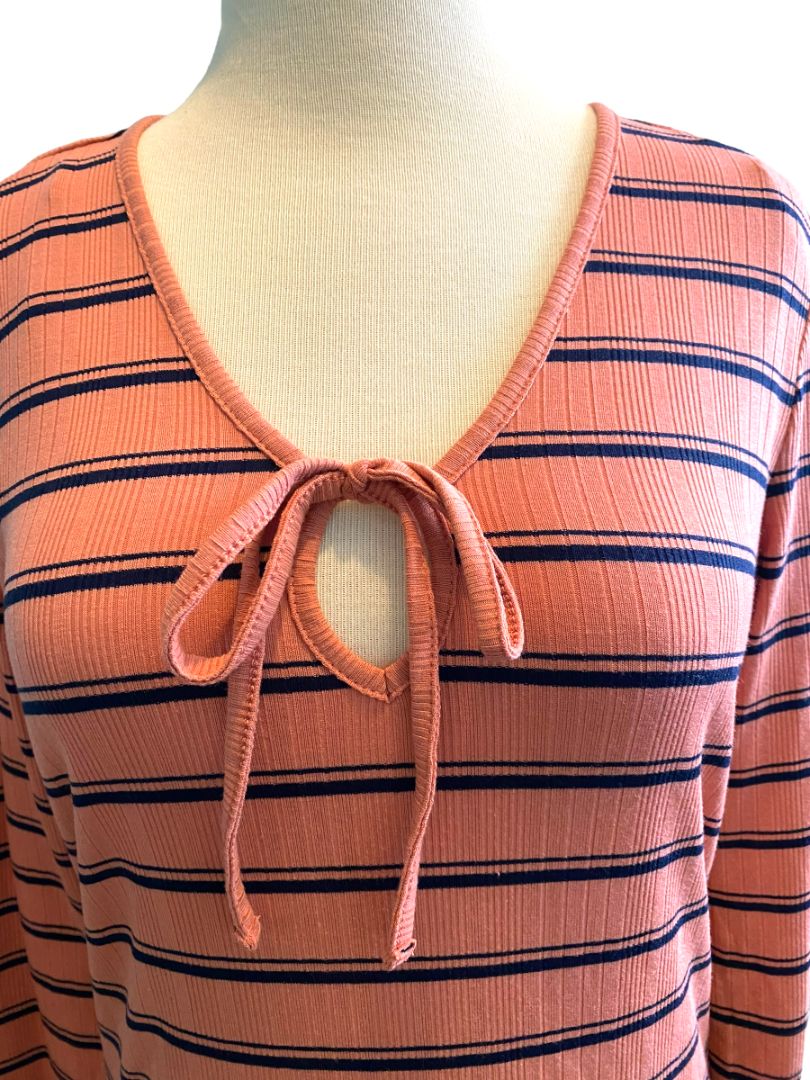 NWT Jessica Simpson Esme Ribbed Long Sleeve Striped Blouse Blue and Tawny Orange Medium