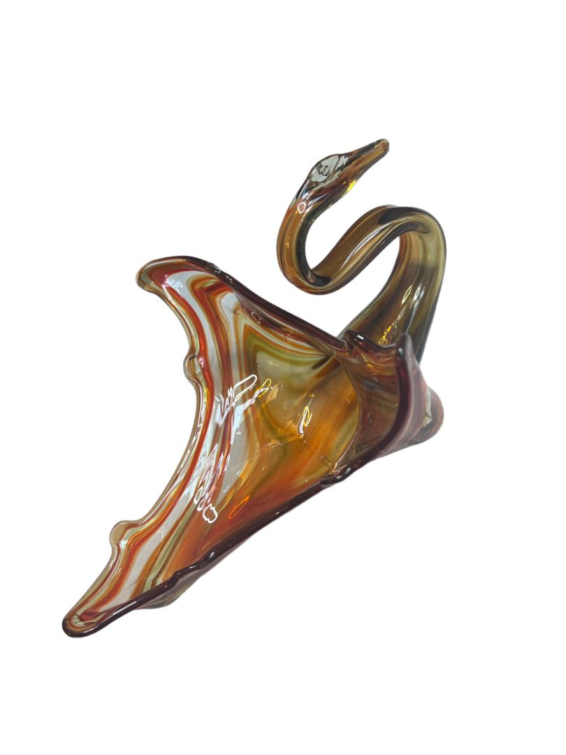 Vintage Hand Blown Glass Swan Planter Bowl Orange Brown Clear Swirl