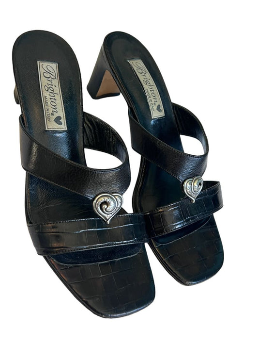 7 M Brighton Trista Shoes Slip-on Block Heels Sandals Black Leather Open Toe