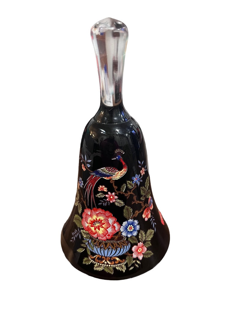 Black Glass Bell Italy Italian Peacock Flower Printed