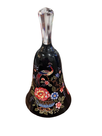 Black Glass Bell Italy Italian Peacock Flower Printed