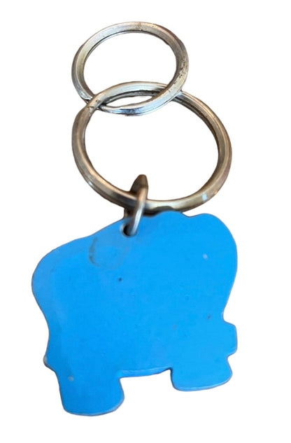 Vintage Blue Elephant Keychain Key Ring Wooden Painted 1.5"