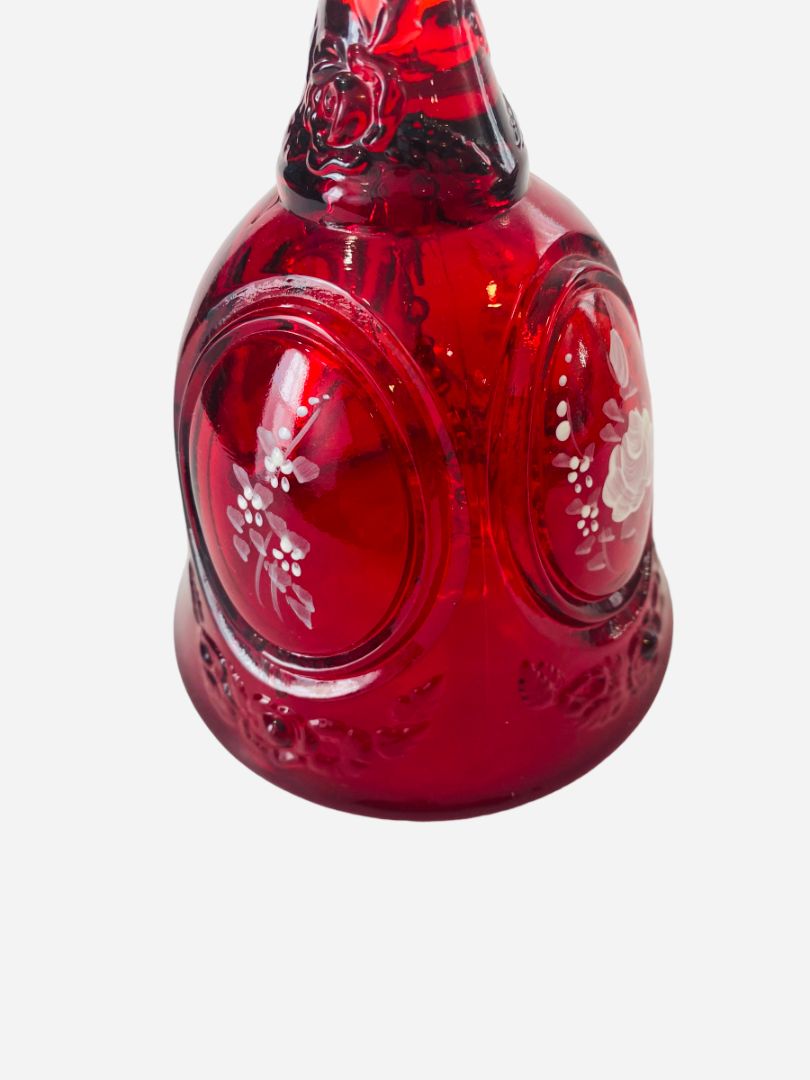 Ruby Red Fenton Glass Bell Handpainted Floral Signed D. Bruun