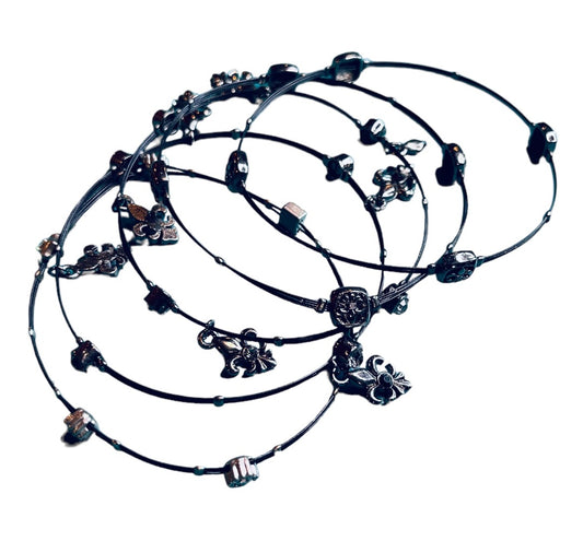 Metal Fleur De Lis Crystal Charm Skinny Bracelets Set of 5 Black Silvertone