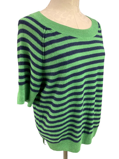 Medium Talbots Women's Green Blue Striped Short Sleeve Pullover Sweater Oversize Linen Blend