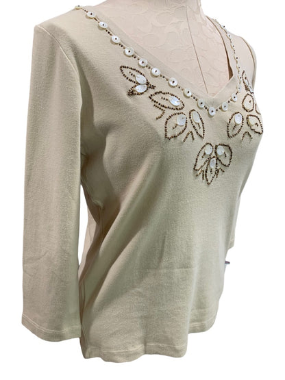 Small First Issue Liz Claiborne New Women's Tan Embellished V-Neck Top 3/4 Sleeve Pullover