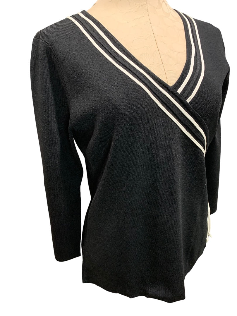 Large Cable & Gauge Women's New Black Faux Wrap Sweater White Piping