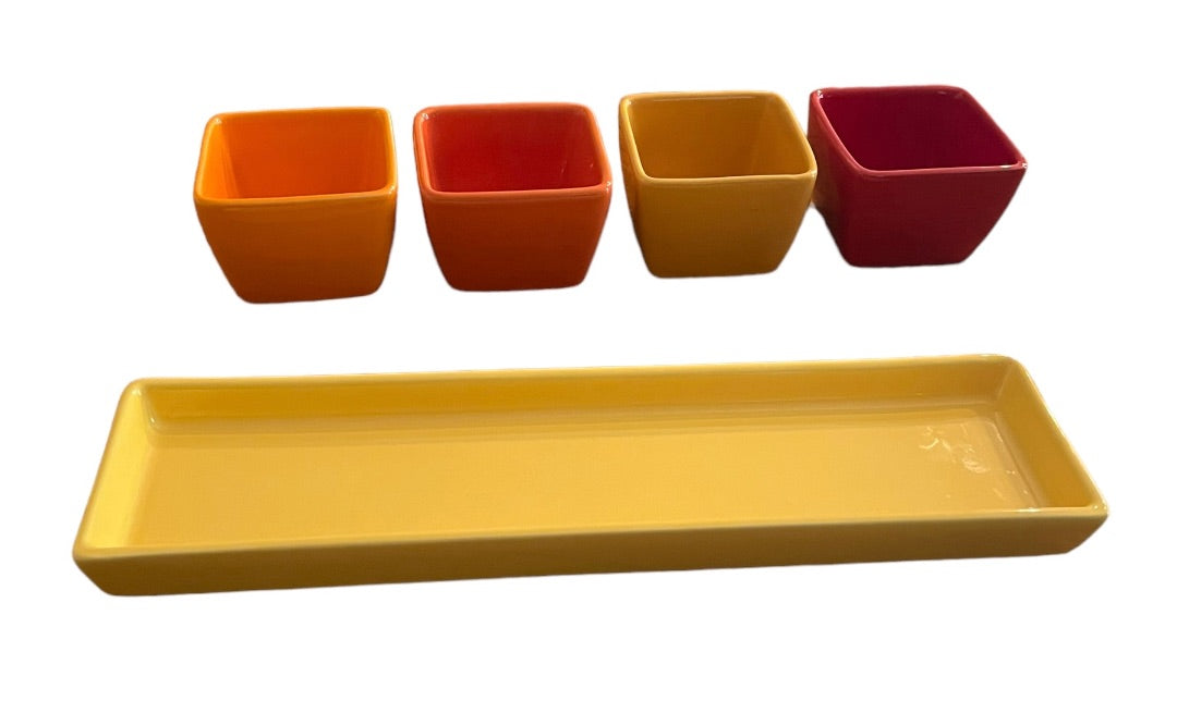 Crate & Barrel 5 Piece Condiment Tray Serving Set  Yellow Red Orange