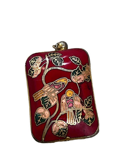 Cloisonné Rectangle Pendant Charm Red Birds Floral 3D