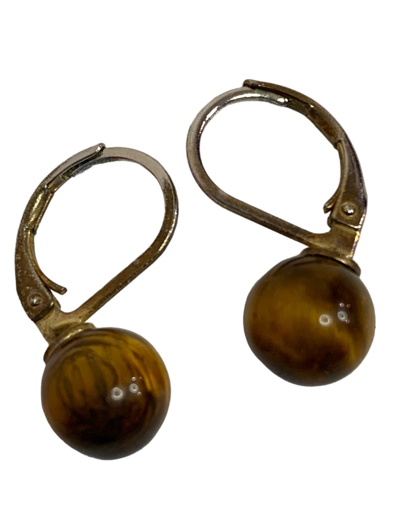Vintage Tiger's Eye Leverback Earrings Pierced .75" Drop Dangle