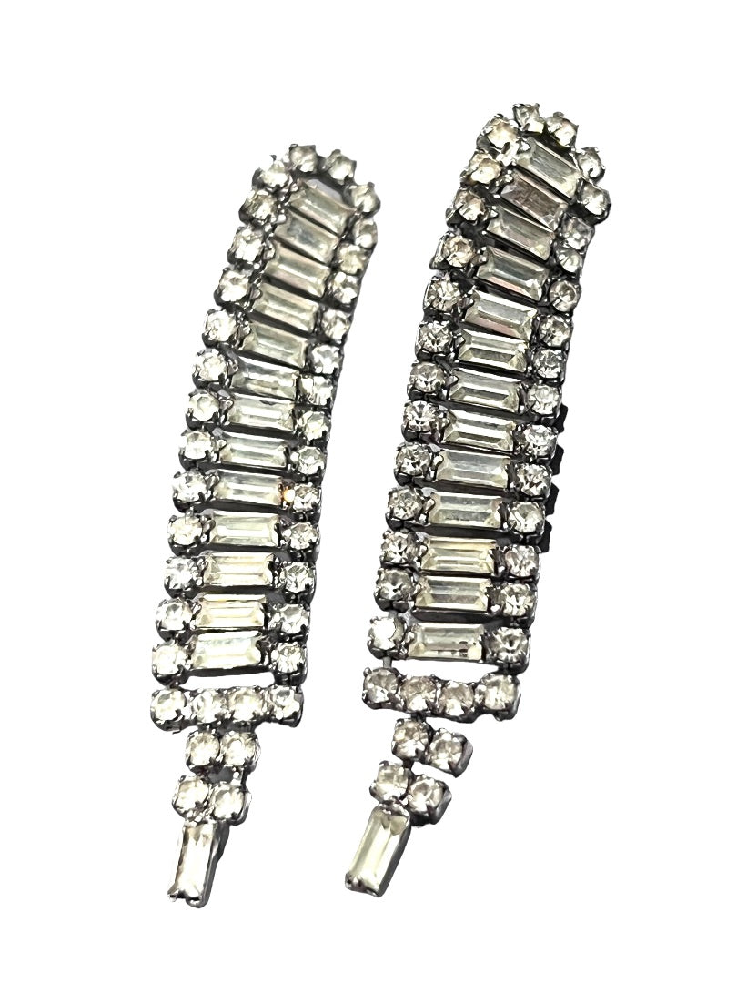 Weiss Crystal Rhinestone Clip Earrings Dangle Haute Couture Silver Clear Art Deco Signed