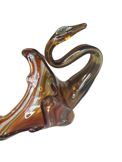 Vintage Hand Blown Glass Swan Planter Bowl Orange Brown Clear Swirl