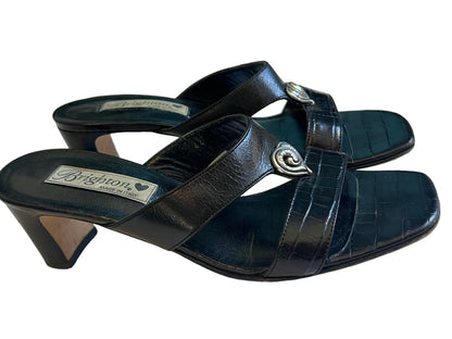 7 M Brighton Trista Shoes Slip-on Block Heels Sandals Black Leather Open Toe