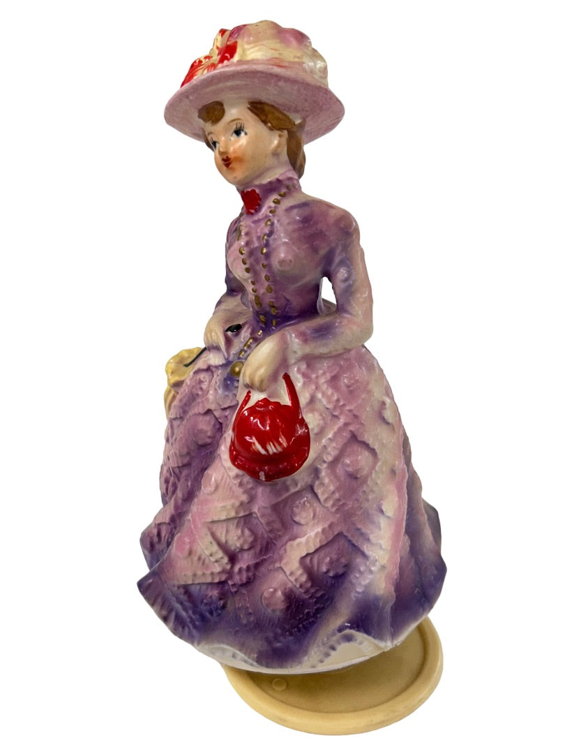 Ceramic Musical Rotating Figurine Victorian Style Purple Dress 1970s 7.5"h